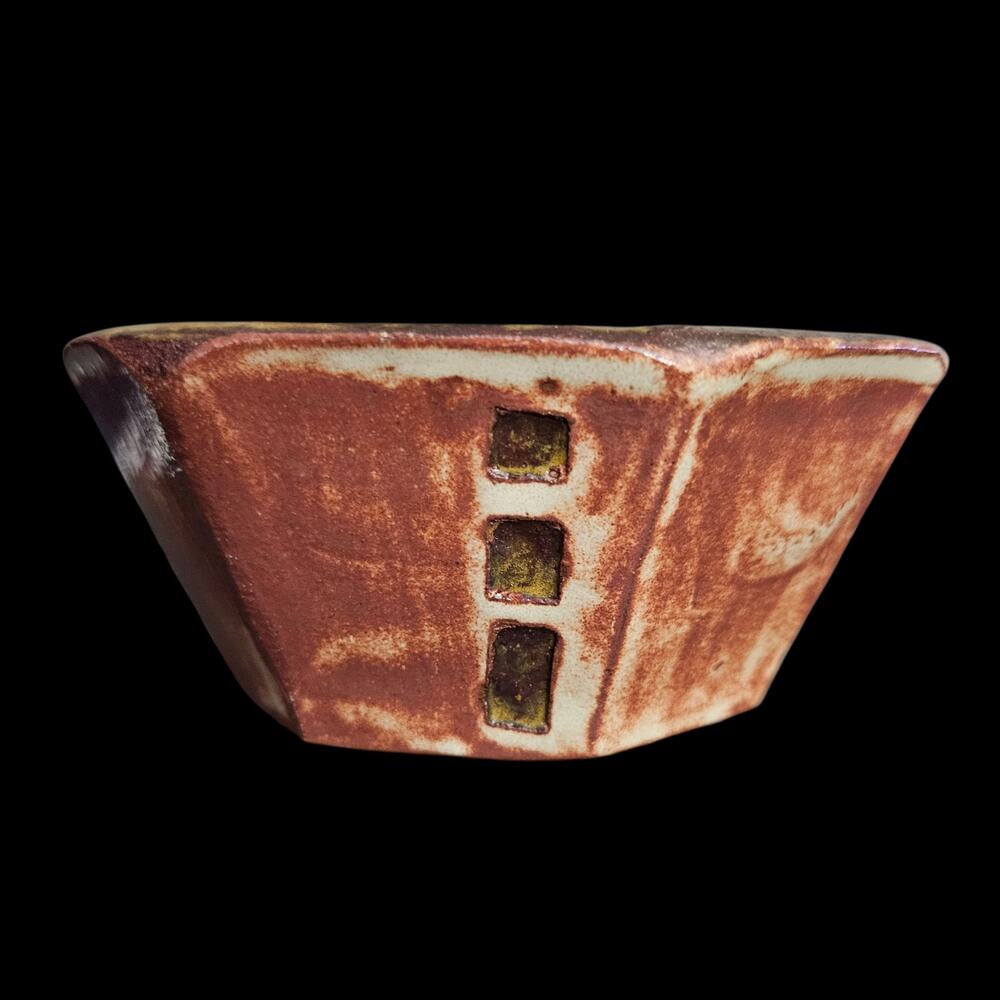 Signed Studio Pottery Bowl Faceted Stoneware KAS 2017 5.5 Inch